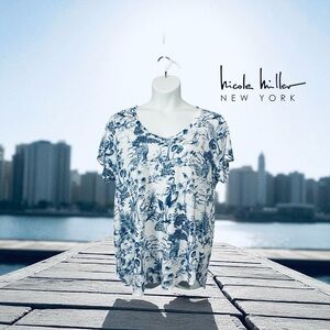 NEW, Nicole Miller New York, Linen T-Shirt - Plus Size 1X, White, Blue